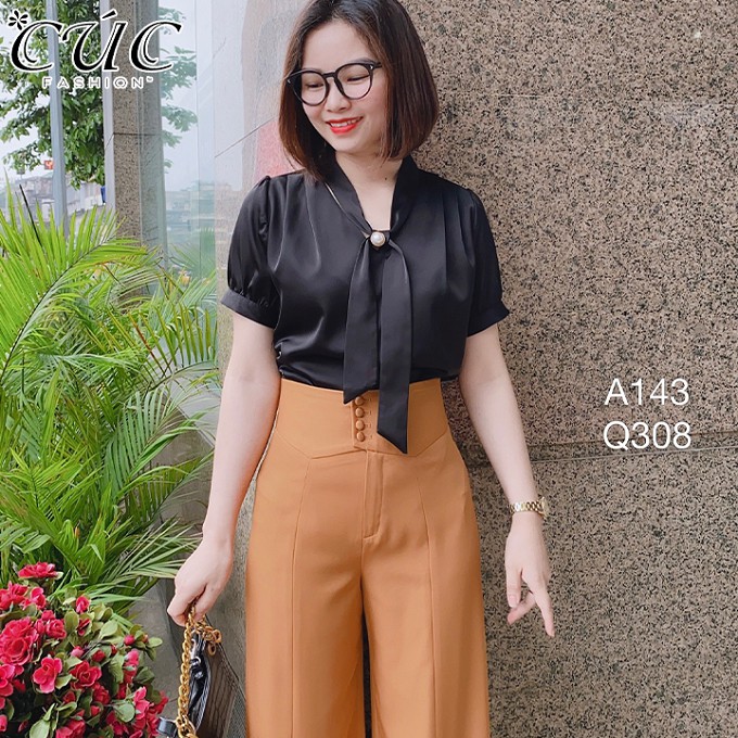 Áo sơ mi nữ Dáng Công Sở cao cấp đẹp Cúc Fashion A143 somi cộc cổ nơ luồn