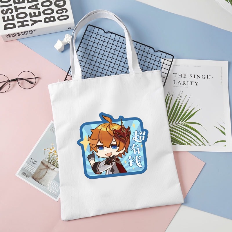 Túi tote vải trắng đeo vai in hình nhân vật GENSHIN IMPACT tiện lợi thời trang anime chibi M2