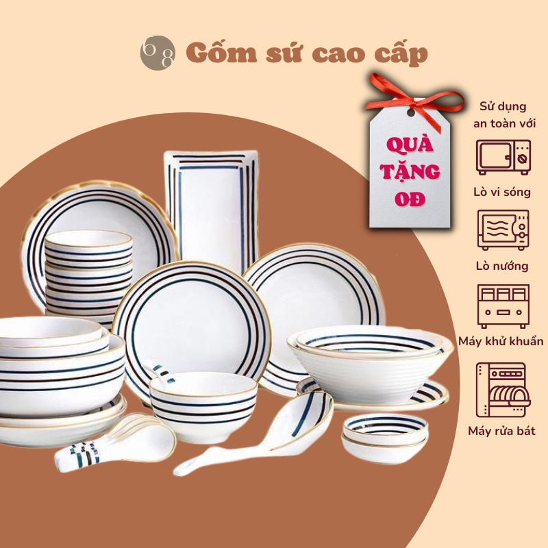 Bộ bát đĩa Kẻ ,chén dĩa sứ,bát ăn cơm decor cao cấp phong cách Nhật Bản