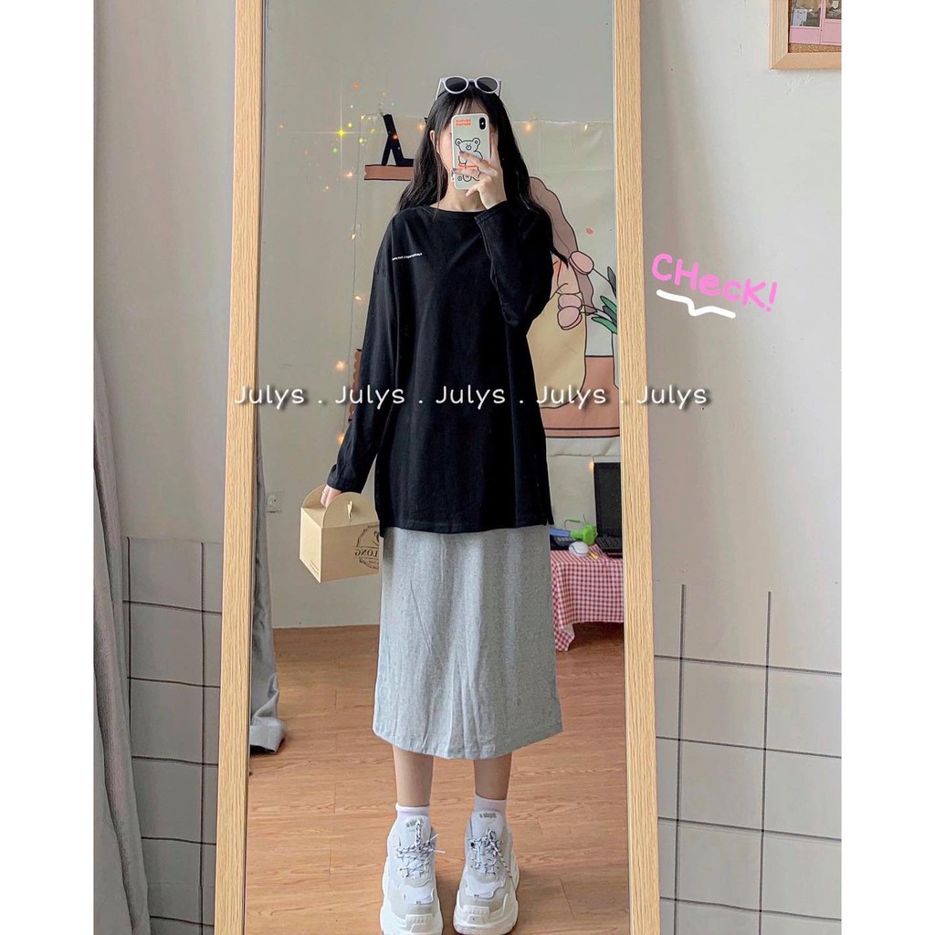 Chân váy thun trơn dáng dài 2 màu ĐEN | GHI basic - Chân váy dáng suông Ulzzang | BigBuy360 - bigbuy360.vn