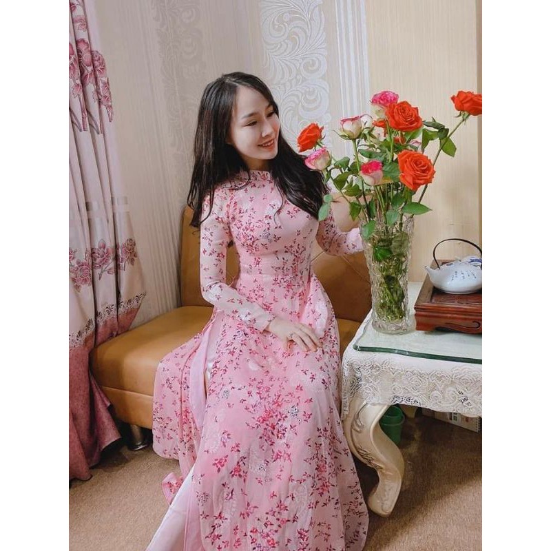 ÁO DÀI TƠ HỒNG HOA NHÍ 2 LỚP MỀM MÁT, XINH XẮN CHUẨN FROM TRUYỀN THỐNG