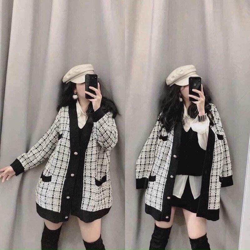 Áo cardigan viền đen trắng nhũ sang chảnh Junnie Closet Áo choàng len kẻ ô cúc vàng gạo zizac Hàn Quốc