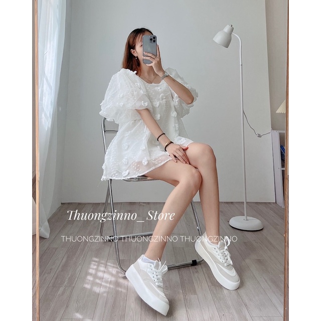 [Ảnh thật/Video]Áo trễ vai hoa nổi tay phồng MiO Nhẹ nhàng trẻ trunh Áo trễ vai Hàn Quốc hoa nổi