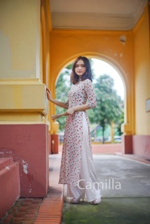 Set áo dài hoa nhí màu cam