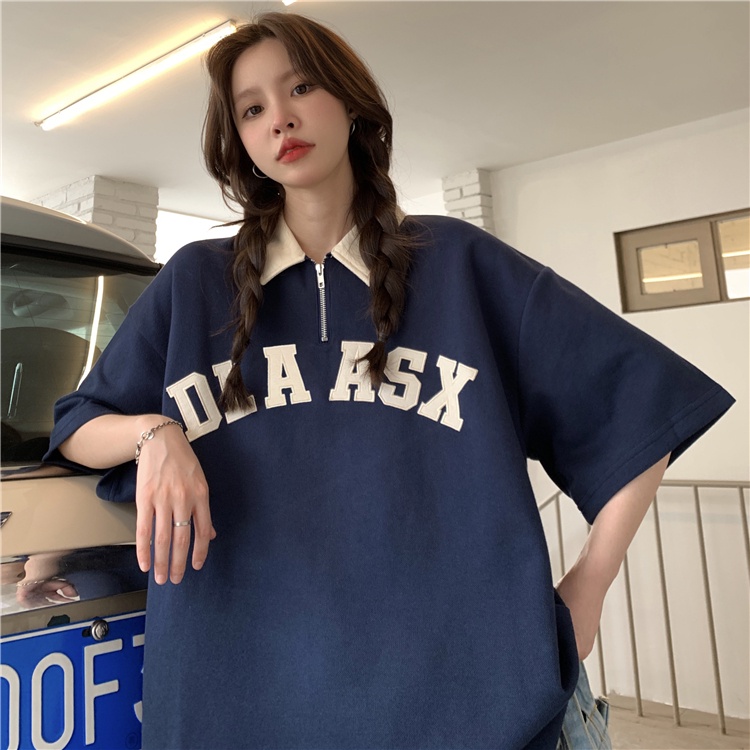 Áo polo Ngắn Tay Dáng Rộng Thêu Chữ Phối Khóa Kéo Kiểu Hàn Quốc Trẻ Trung Cho Nữ