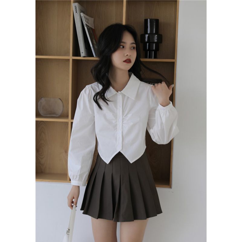 Áo sơ mi IELGY màu trắng tay phồng phong cách Pháp thời trang cho nữ