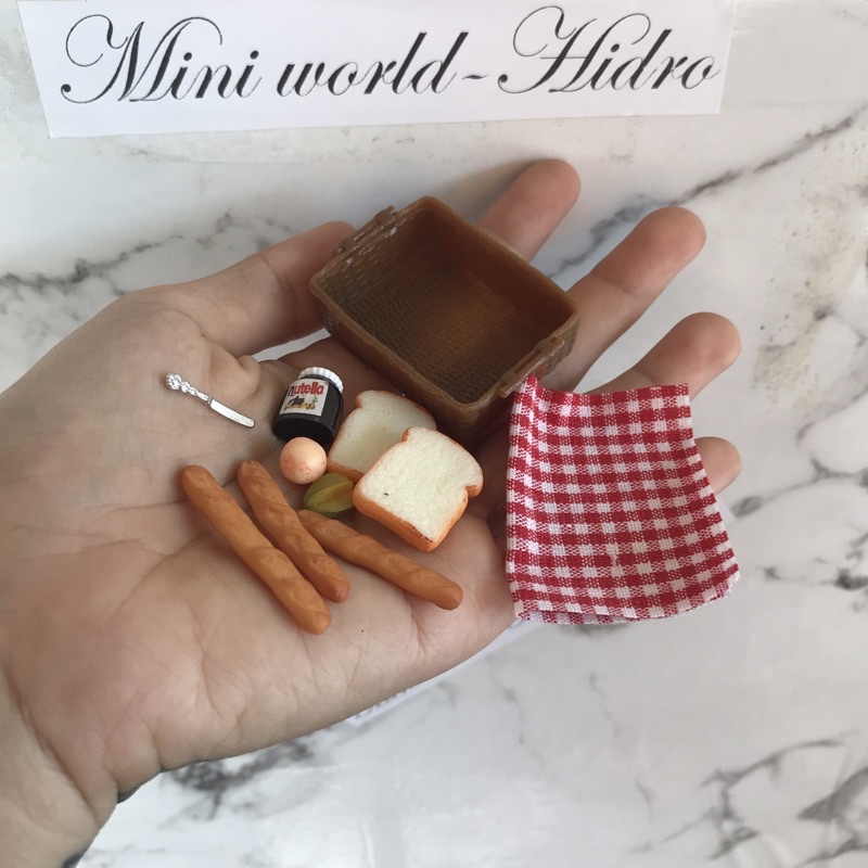 Set combo mô hình khay mây chữ Nhật giỏ bánh mì mứt bánh trái mini tí hon tỉ lệ 1/12 dành trang trí nhà búp bê