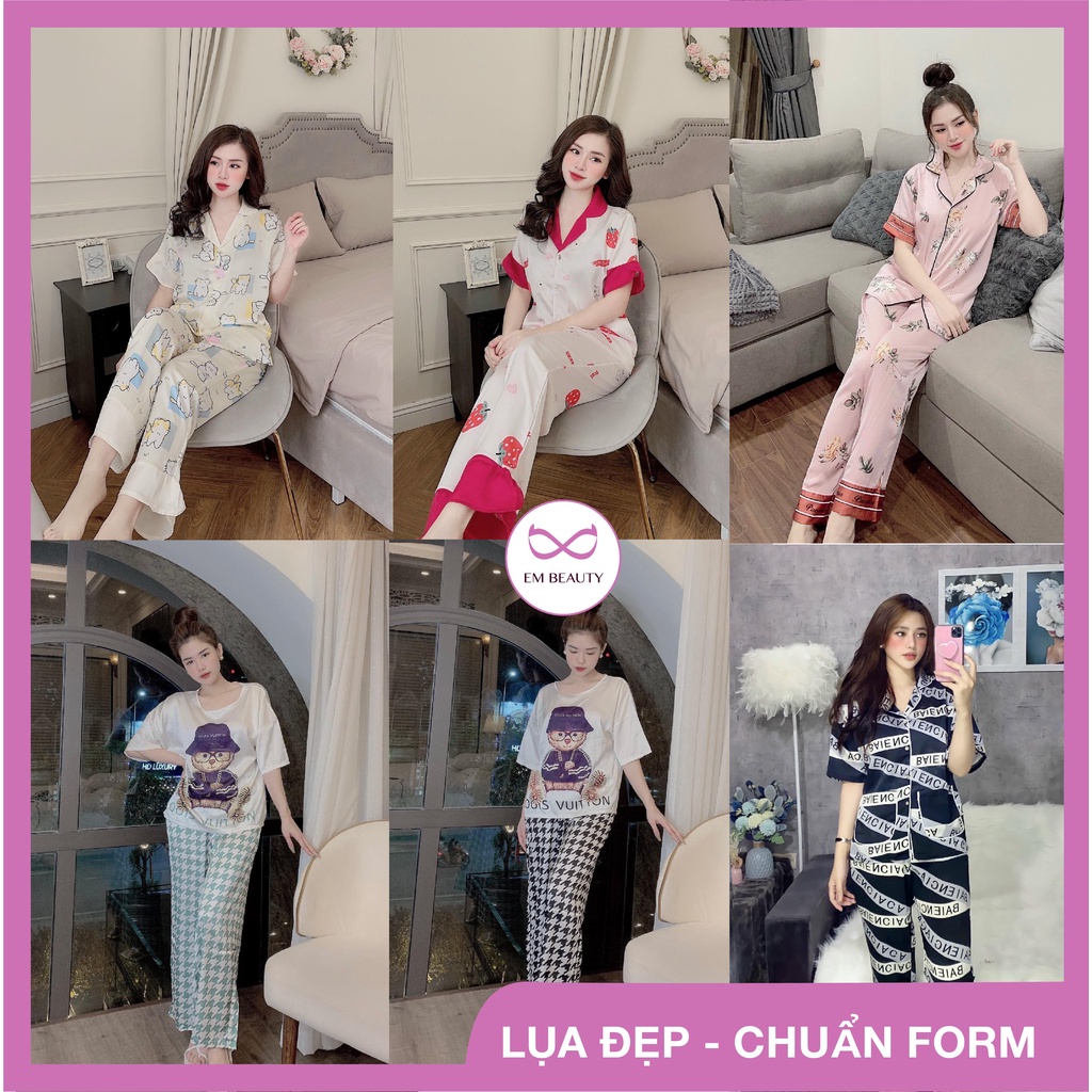 Bộ đồ ngủ lụa mặc nhà pyjama cổ tròn lụa latin cao cấp áo cộc quần đùi freesize 45-60kg