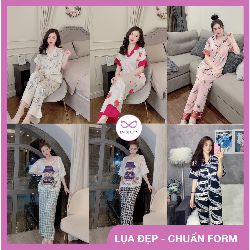 Bộ đồ ngủ lụa mặc nhà pyjama lụa cao cấp áo cộc quần dài freesize 45-60kg hợp mẹ sau sinh