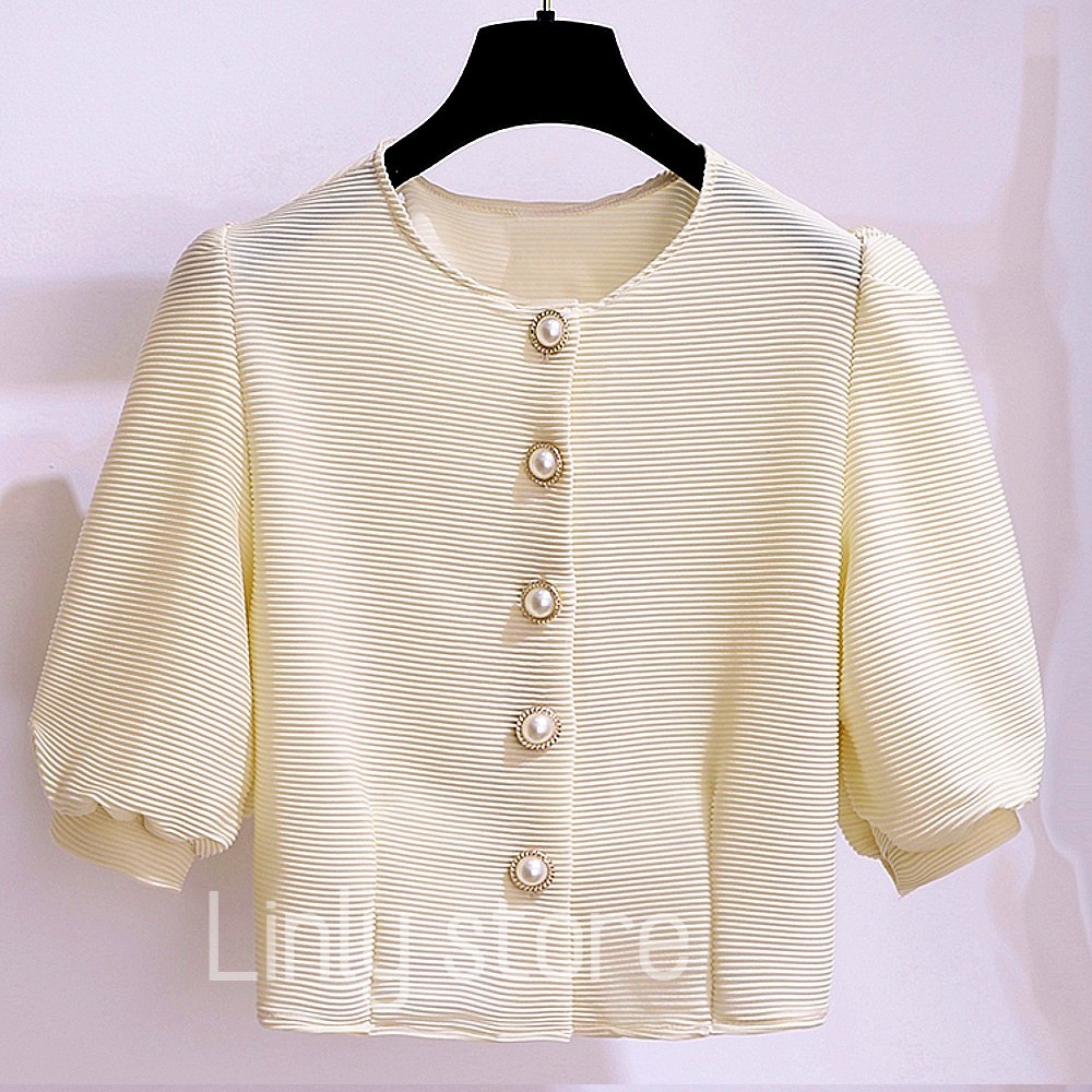ÁO KIỂU CROPTOP PHỐI CÚC NGỌC - ÁO SƠ MI TAY PHỒNG 2 LỚP - CHẤT THUN DẬP LY A-CN | BigBuy360 - bigbuy360.vn