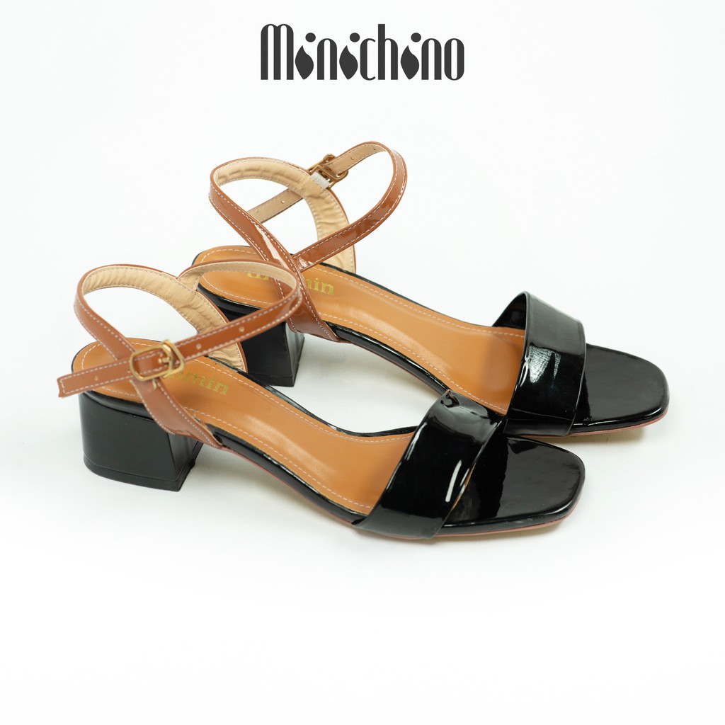 Giày sandal nữ gót cao 5cm MINICHINO  giày cao gót đế vuông quai mãnh, phối dây hở mũi thời trang màu kem TC021