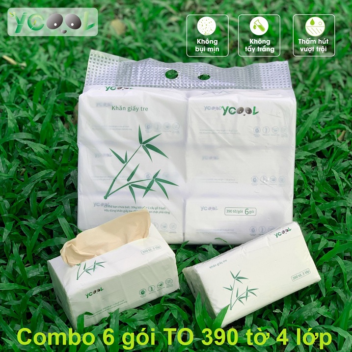 Combo 6 gói Giấy ăn gấu trúc, Khăn Giấy Tre YCOOL TO 390 tờ 4 lớp Siêu Mềm Mịn, Siêu Dai, Khi Thấm Nước Không Bị Nát.