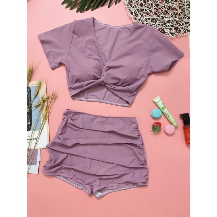 BIkini 2 mảnh áo cộc tay xoắn bụng quần nhún, bộ bơi rời đi biển cho nữ quần đùi | BigBuy360 - bigbuy360.vn