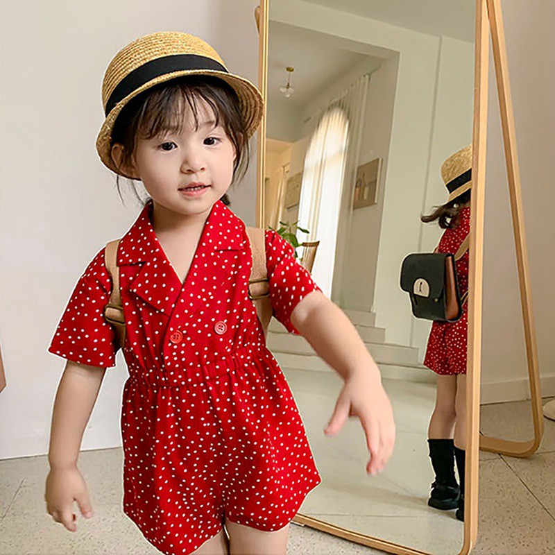 Bộ Áo Liền Quần Tay Ngắn Chất Liệu Cotton In Họa Tiết Chấm Bi Màu Đỏ Dễ Thương Thời Trang Mùa Hè Cho Bé Gái 3-8 Tuổi