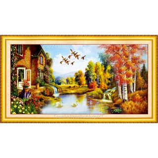 Tranh đính đá, Tranh thêu chữ thập phong cảnh Gia Đình Hạnh Phúc LV214, LV3181 - tự thêu, tự đính