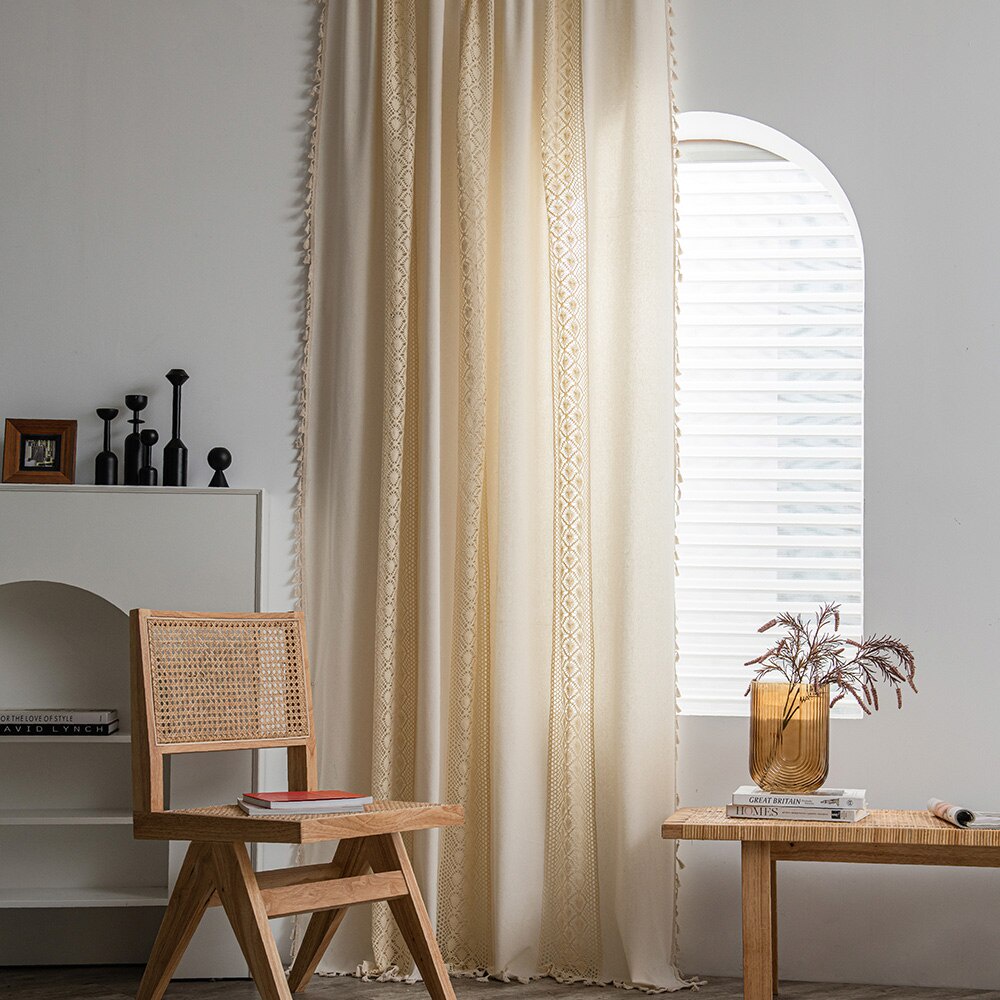 Rèm cửa sổ Vải Cotton Lanh Phối Tua Rua Sáng Tạo Trang Trí Nhà Cửa