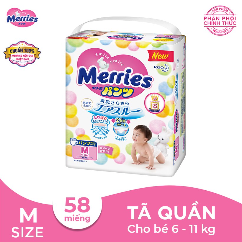 Tã/bỉm quần Merries size M - 58 miếng (Cho bé 6 - 11kg)