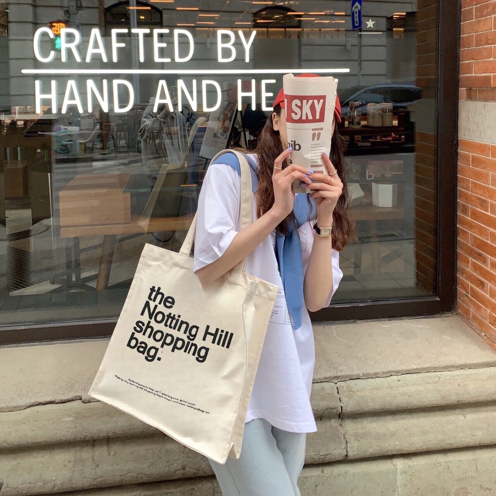 Túi tote HAZIN thết kế đáy vuông vải canvas ulzzang unisex in chữ Notting Hill có túi nhỏ bên trong HZ06