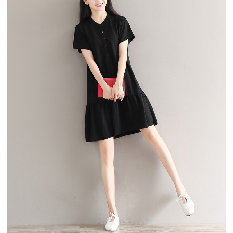 Đầm linen suông đuôi cá cổ tàu chất liệu đũi  ít nhăn