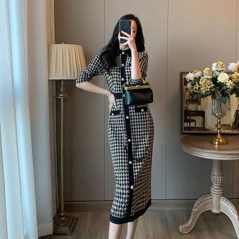 Đầm dệt kim dáng dài ôm eo kiểu retro Pháp thời trang thu đông dành cho nữ