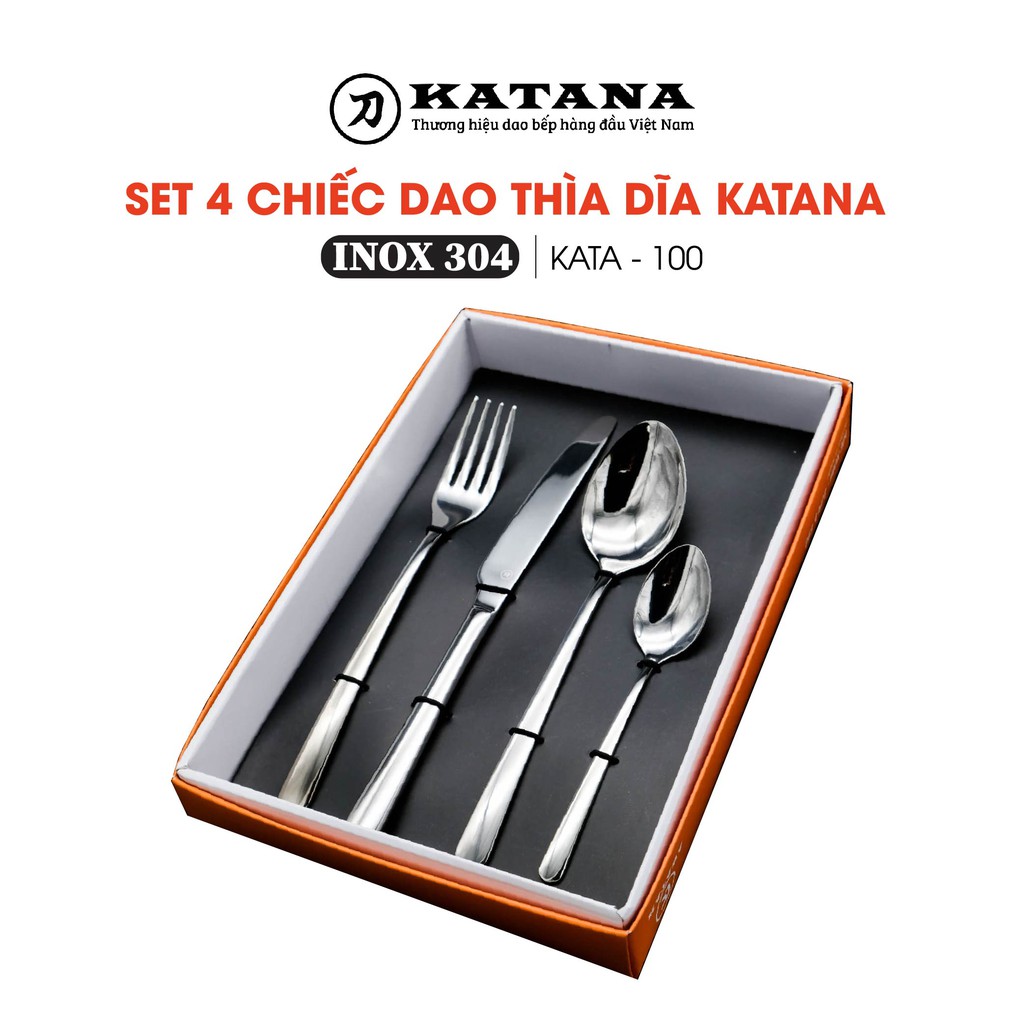 Set 4 món dao, thìa, dĩa bàn ăn KATANA INOX 304 vân trơn sáng bóng cao cấp, sang trọng - KATA100