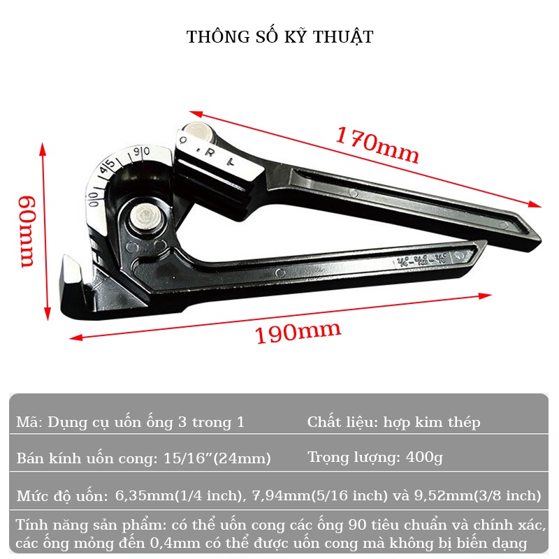 Vam uốn ống đồng 3 trong 1 TACTIX 33901 sắt 90 độ tiêu chuẩn chất liệu hợp kim thép giúp tăng lực uốn