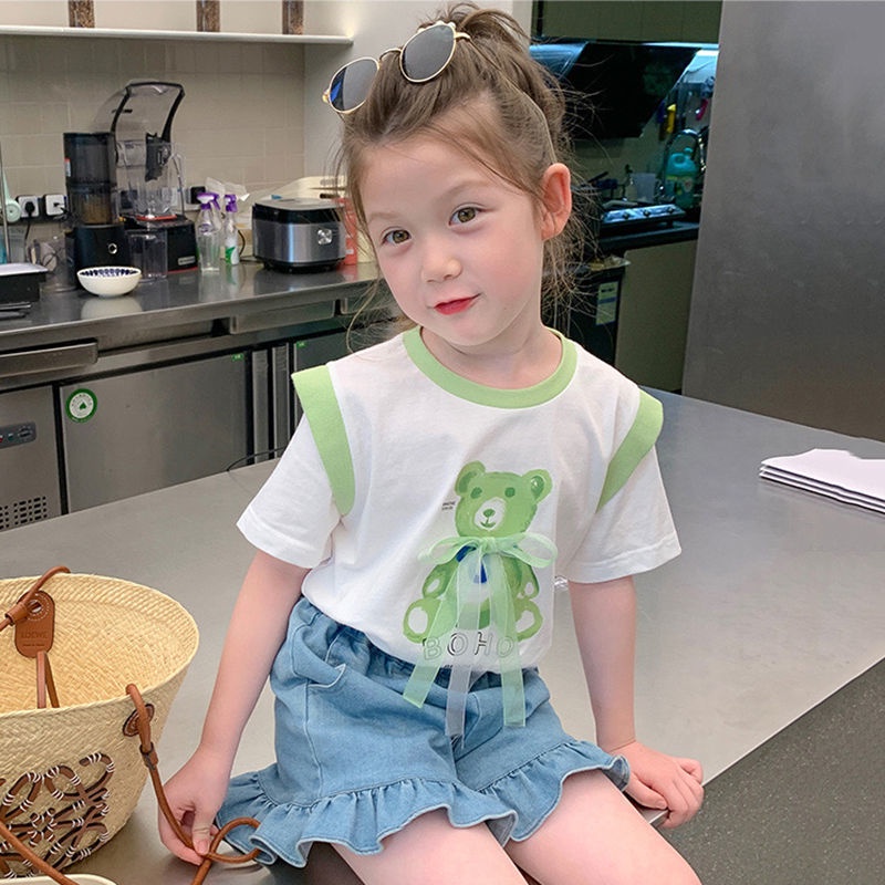 [Hàng Mới Về] Set Áo Thun Tay Ngắn Giả Hai Lớp Bằng Vải Cotton Thoải Mái Phong Cách Hàn Quốc Dành Cho Bé Gái