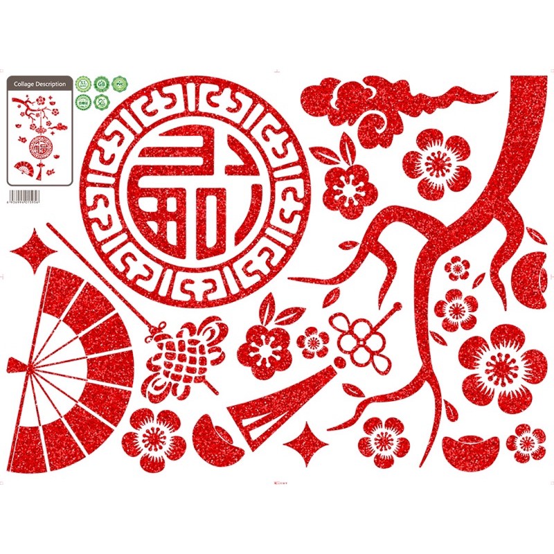 Decal trang trí tết - Cành mai đỏ bảng hỷ nhũ kim tuyến Đỏ 02