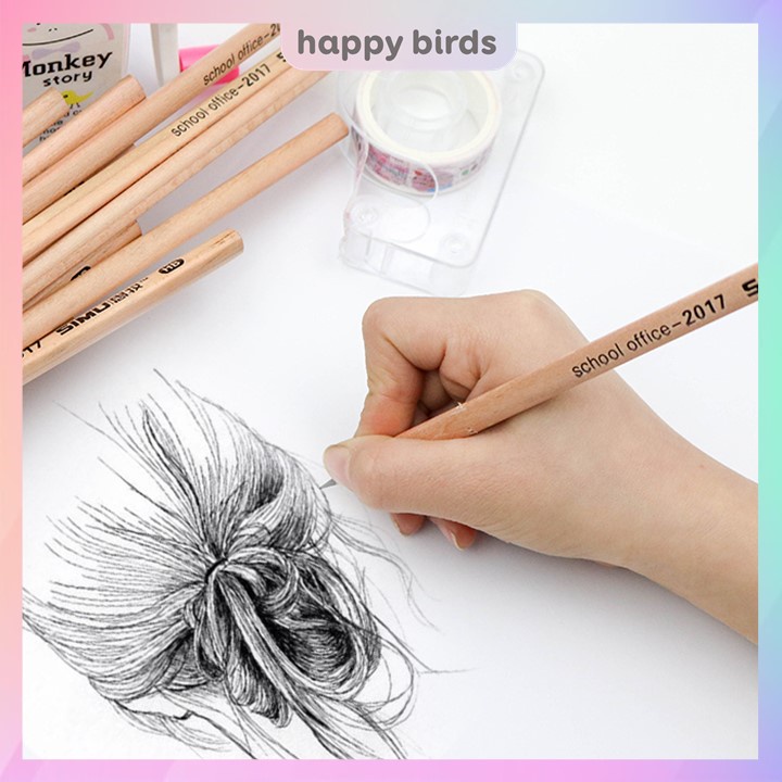 Bút chì HB gỗ ghi chép vẽ chân dung thân gỗ trơn thô thân thiện với môi trường - The Happy Birds