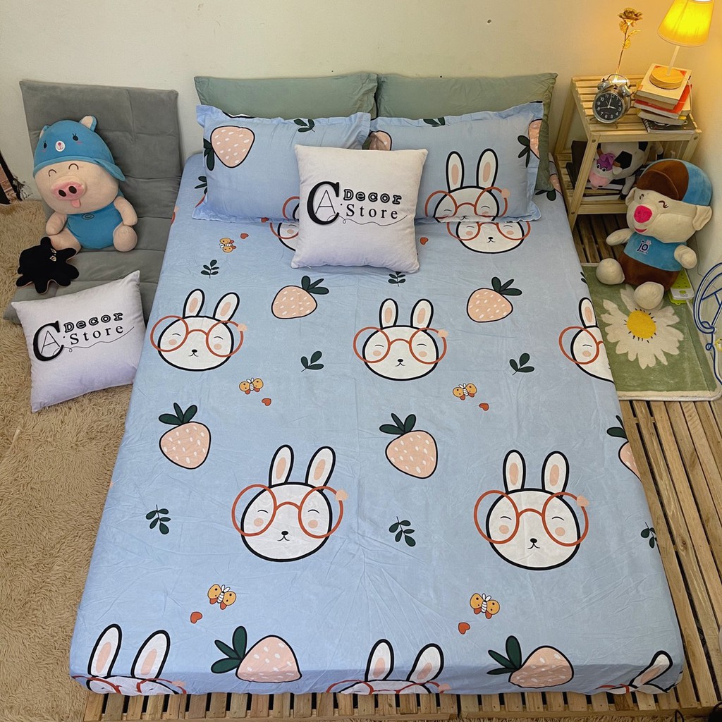 Bộ Ga Giường Kèm 2 Vỏ Gối Cotton Poly C.A Decor, Hình Thỏ Xanh Chất Liệu Thoáng Mát , Kích Cỡ Đa Dạng