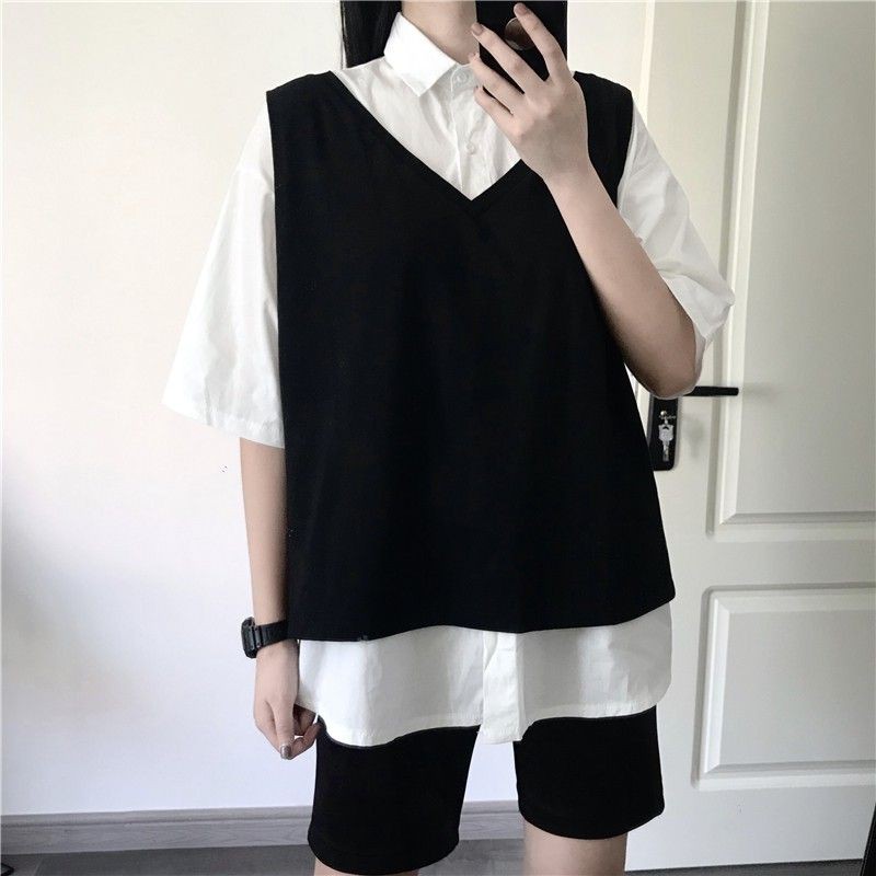 [ORDER] Áo giả 2 mảnh sơ mi phối gile trắng đen có cà vạt ulzzang