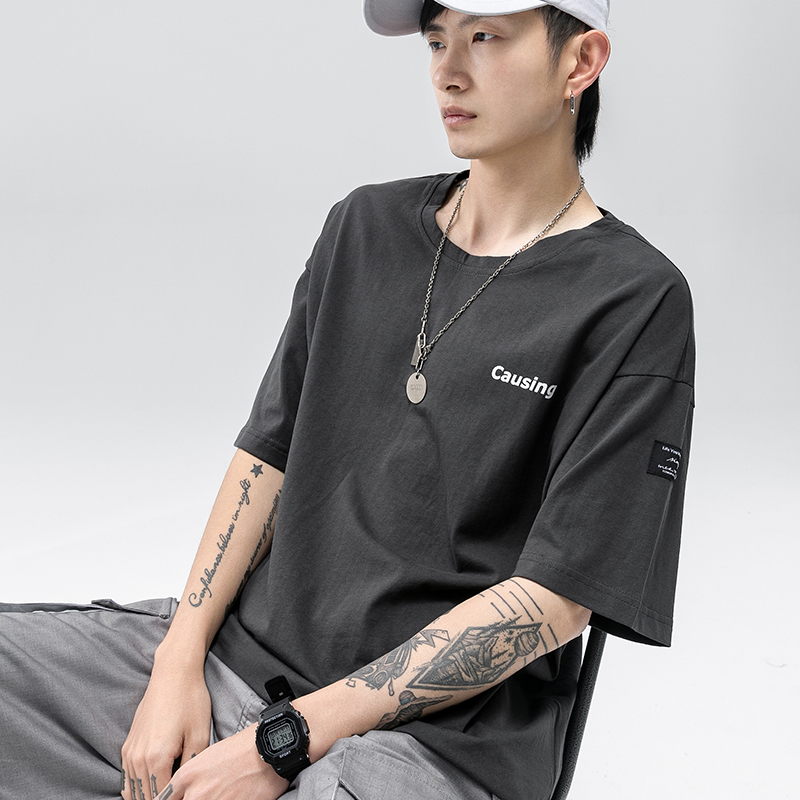 Korean Style Simple Unisex Solid Color Short-sleeved Shirt Fashion Ins Casual Male T-shirt Round Neck Loose Mens Clothing