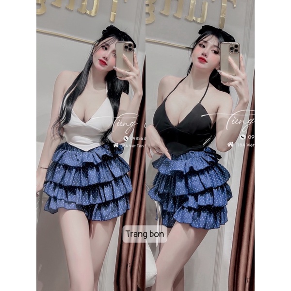 Set áo dây yếm + chân váy jean tầng