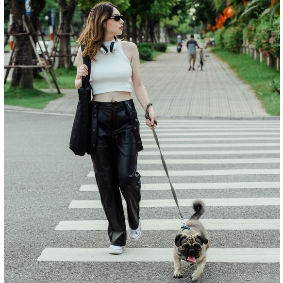 Quần da dài ống suông local brand ClownZ Black Leather, da tổng hợp unisex nam nữ form rộng