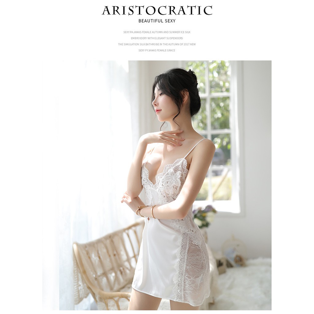 Váy Ngủ 2 Dây Lụa Phối Ren Dễ Thương