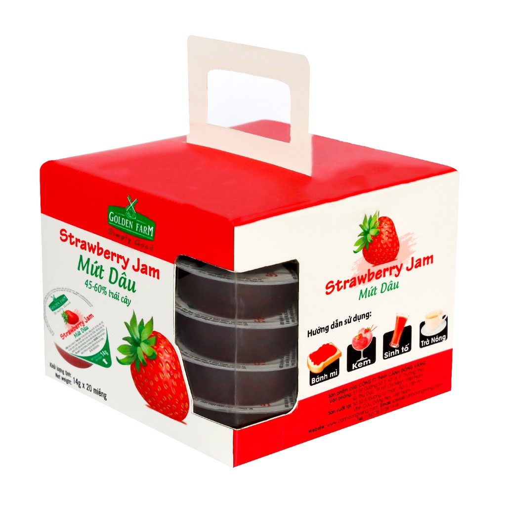 Mứt Dâu Strawberry Jam Golden Farm Miếng 14g x Hộp 20 Miếng ăn kèm kem, sinh tố, bánh mì, trà nóng0