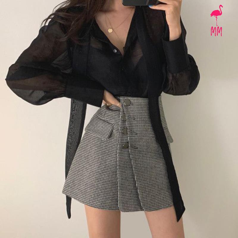 Set Áo Sơ Mi Tay Dài Kèm Chân Váy Caro Lưng Cao Thời Trang Dành Cho Nữ