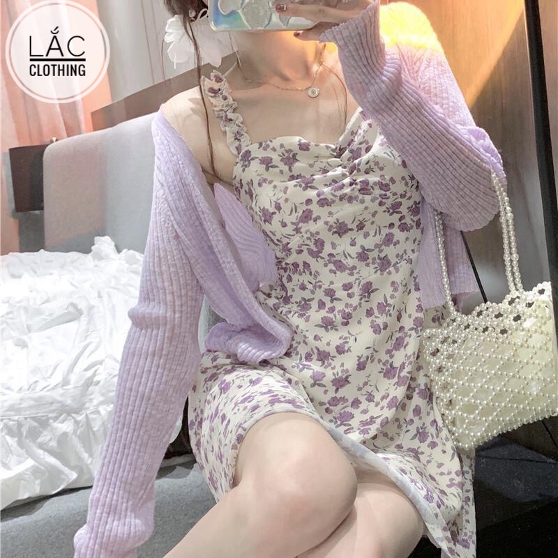 Set Váy Hai Dây + Áo Cardigan Len Tím Mỏng Phong Cách Bánh Bèo 2021
