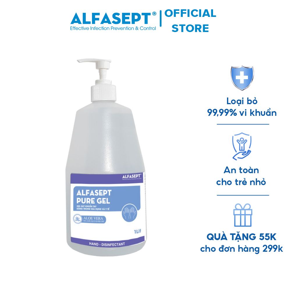 Dung Dịch Rửa Tay Khô ALFASEPT Pure Gel Phù Hợp Cho Da Nhạy Cảm, Giúp Diệt khuẩn, Tăng Cường Dưỡng Ẩm Lọ 1L