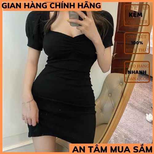 Đầm body tay bồng 🍀váy body nhún ngực ,chất co dãn bao đẹp phong cách hàn quốc THỜI TRANG 1989