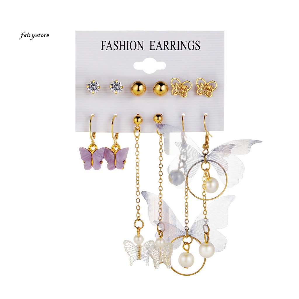 Fairystore| Set 6 Cặp Bông Tai Hình Bướm Đính Ngọc Trai Giả Thời Trang Nữ