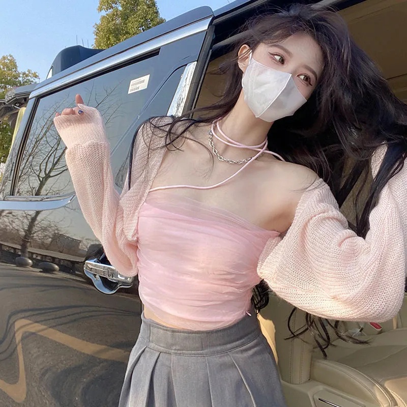 Áo Croptop Dệt Kim Mỏng Mềm Phối Lưới Thời Trang Mùa Hè Quyến Rũ Cho Nữ