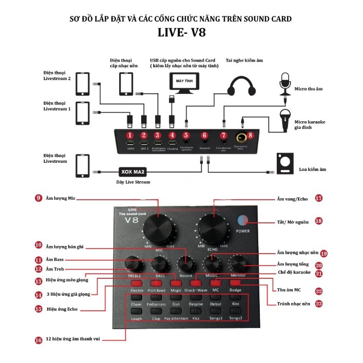 Soundcard V8 Autotune chuyên hát livestream có bluetooth HAI PHIÊN BẢN