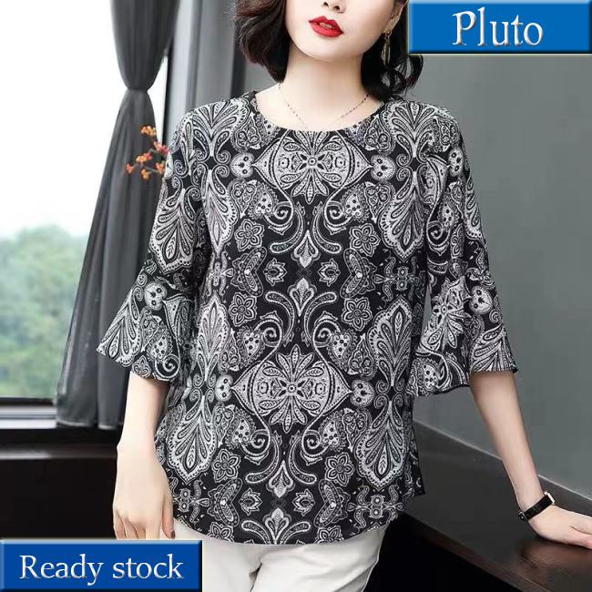 MỚI Áo thun nữ cổ thuyền tay loe in họa tiết cổ điển