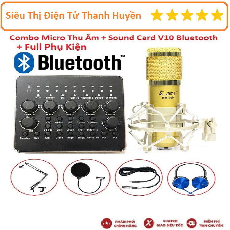 Combo Micro Thu Âm + Sound Card AQTA V10 Bluetooth Có Remote + Micro Bm 900 + Micro AQTA AQ 220 Tặng Tai Nghe