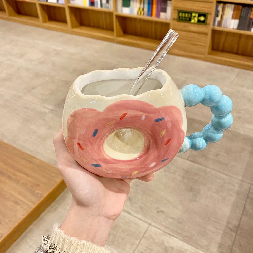 Cốc Sứ Hình Bánh Donut Hoạt Hình Sáng Tạo Với Ống Hút Cao Độc Đáo Cho Cặp Đôi Trẻ Em