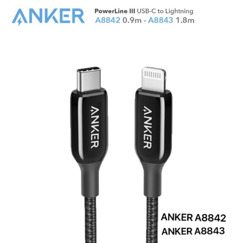 Cáp ANKER Powerline + III  Usb-C to Lighting Thế hệ 3 - Mã  A8842 Dài 90cm  A8843 Dài 180cm dành cho các mã iphone /ipad