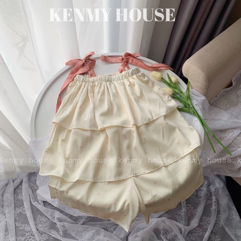 Bộ ngủ lụa bèo tầng nơ vai S07