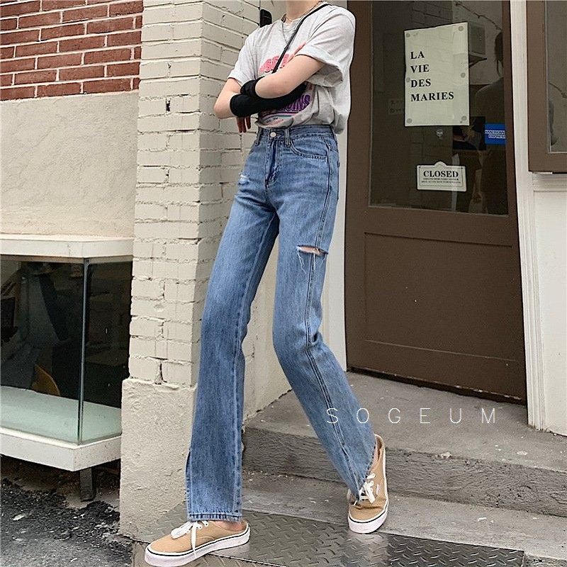 Quần jean nữ co giãn, Quần bò cạp cao ống vẩy rách xẻ tà màu xanh sogeum.store | BigBuy360 - bigbuy360.vn