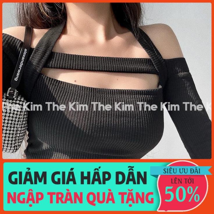 XẢ Áo len dài tay trễ vai dây vắt cổ , thun len gân hở vai vạt chéo The Kim AD126